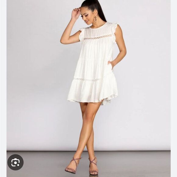 NWT Aakaa White Sleeveless Flutter Swiss Dot Baby doll Mini Sundress w/Pockets S - Picture 16 of 16